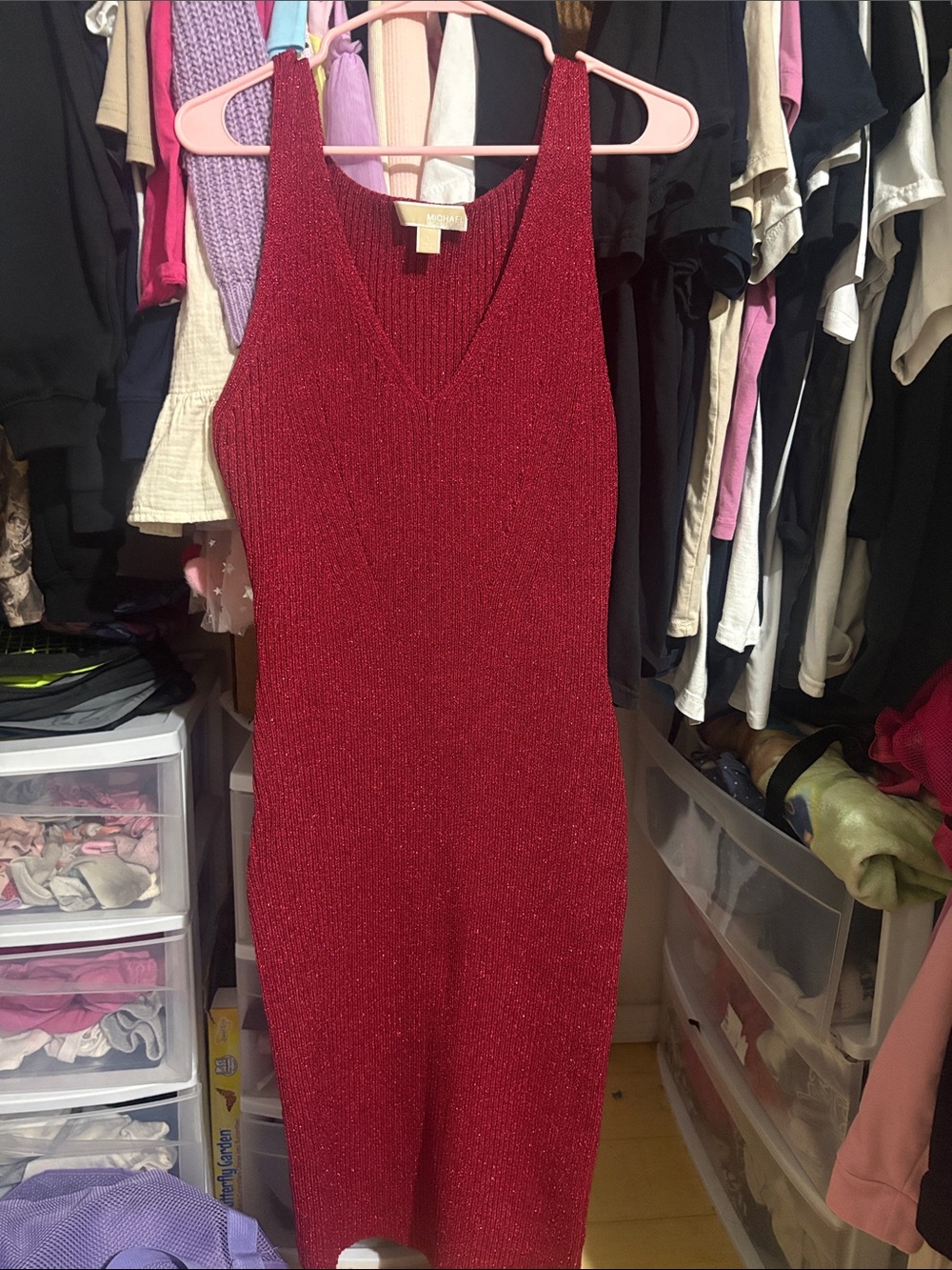 MICHAEL Michael Kors Sparkle Red V-Neck Knit Midi Dress